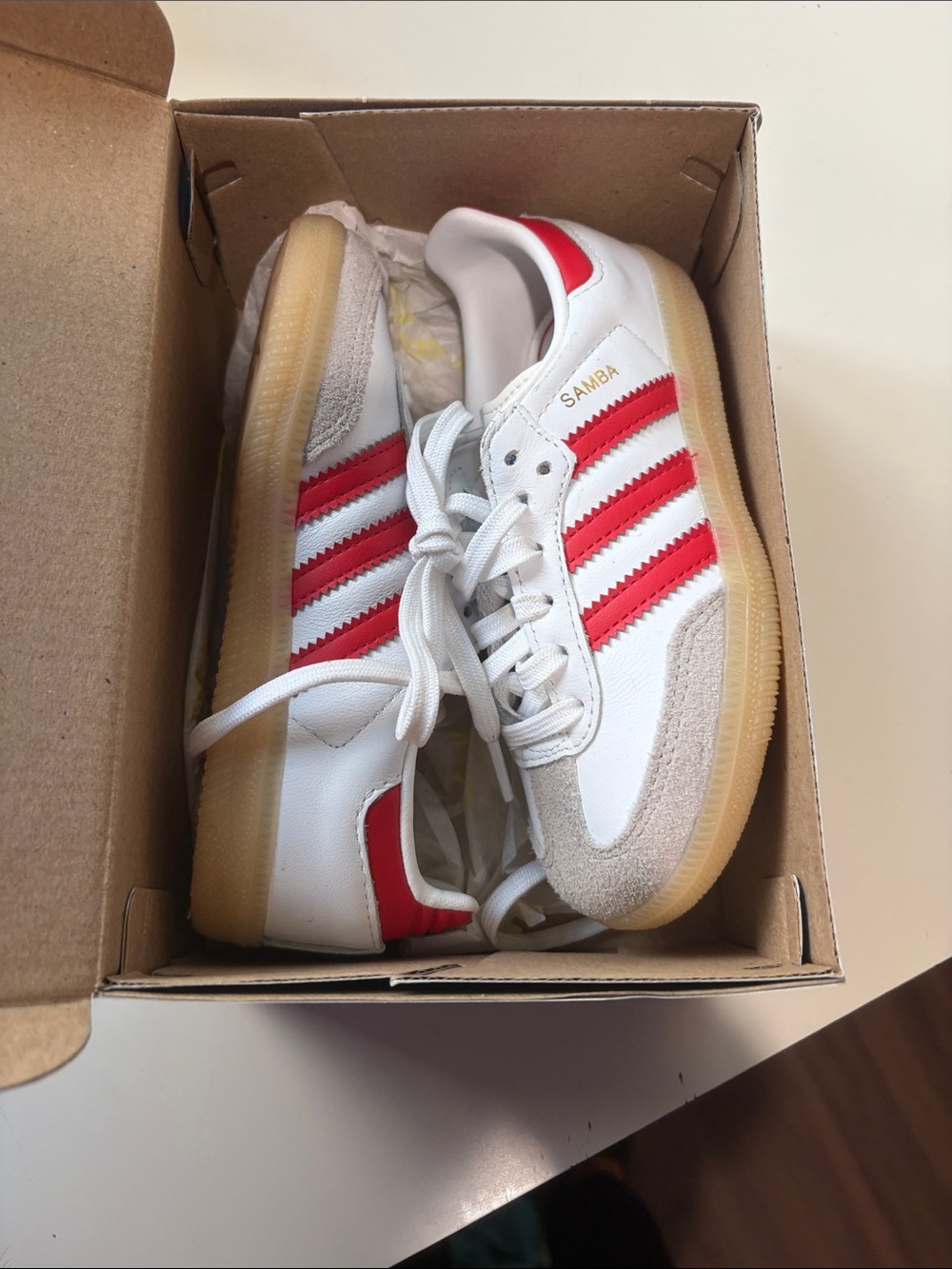 adidas Kids Samba Sneakers in White with Red Stripes and Gum Sole